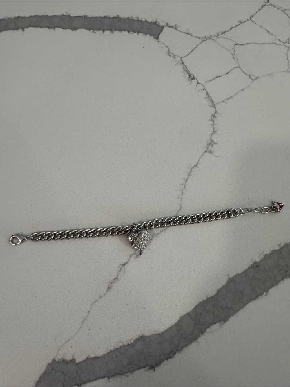Guess Silver Tone Chain Bracelet with Pave Heart Charm